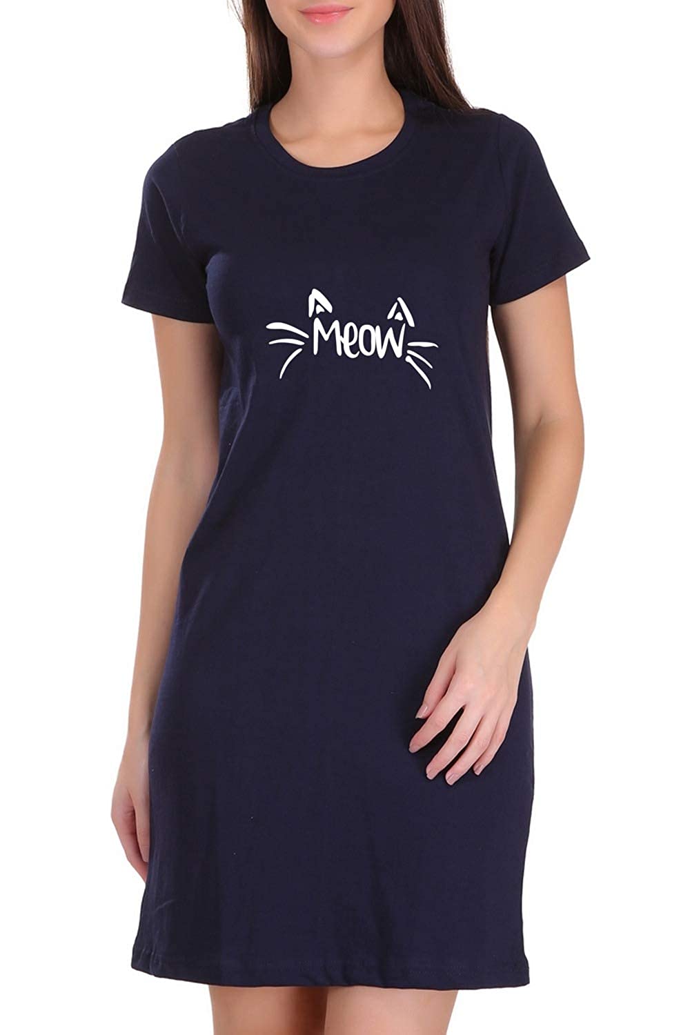 Tees World |Meow| Graphic Printed Bio-Washed Pure Cotton Knee Length T-Shirt Dress for Women and Girls | - Image 2