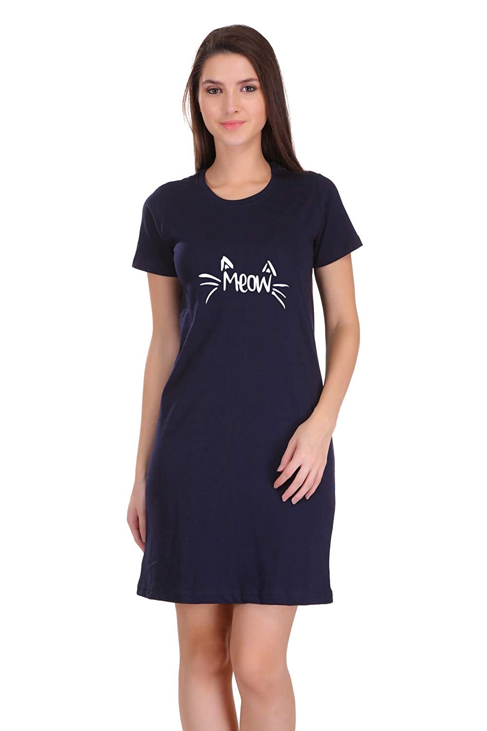 Tees World |Meow| Graphic Printed Bio-Washed Pure Cotton Knee Length T-Shirt Dress for Women and Girls |