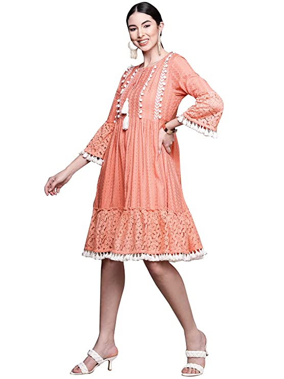 ishin Women's Cotton Peach Embroidered Fit & Flared Dress - Image 3