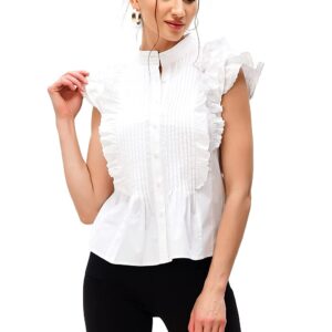 Zapelle Custom Clothing | Women's Embroidery Ruffle Pintuck Pleat Cotton Poplin Blouse | White
