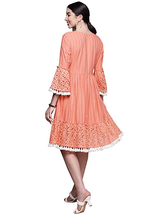ishin Women's Cotton Peach Embroidered Fit & Flared Dress - Image 2