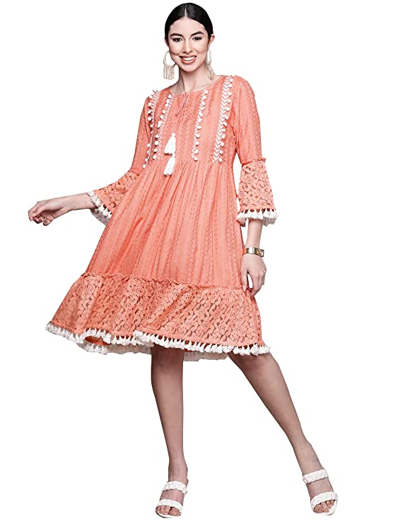ishin Women's Cotton Peach Embroidered Fit & Flared Dress