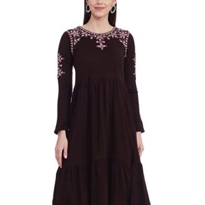 W for Woman Women's Acrylic W Brown Round Neck Gathered Dress Maxi
