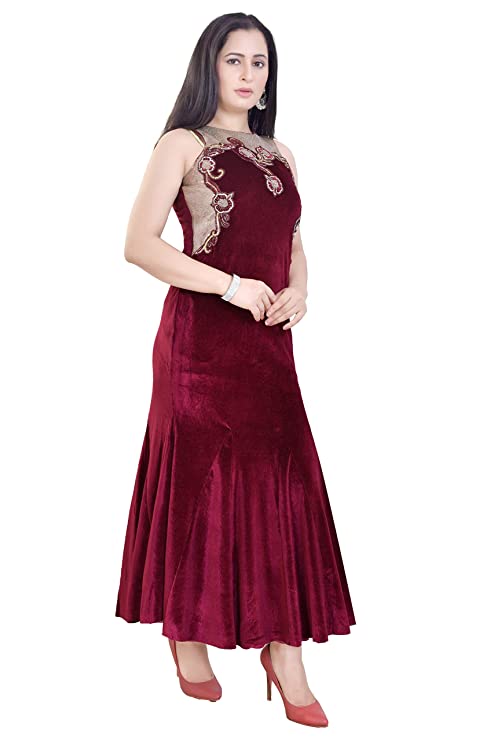 Kiya Velvet Flared/A-line Maroon Gowns for Women (4569)