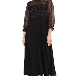 Janasya Women's Black Poly Crepe Polka Print A-line Kurta
