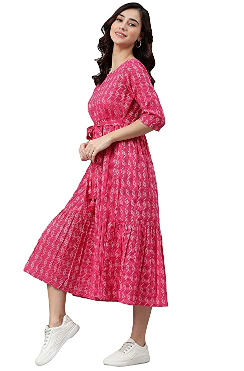 Janasya Women's Pink Midi Cotton Western Dress - Image 3