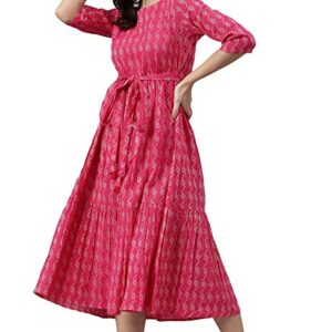Janasya Women's Pink Midi Cotton Western Dress
