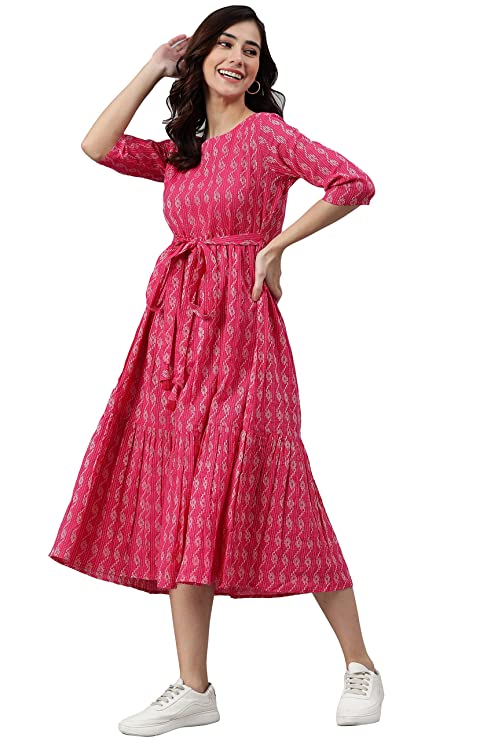 Janasya Women's Pink Midi Cotton Western Dress