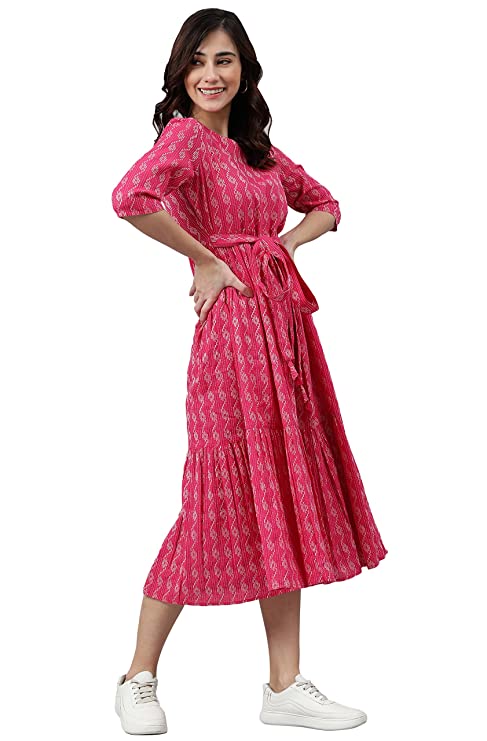 Janasya Women's Pink Midi Cotton Western Dress - Image 2