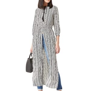 Miss Chase Women's Multicolored Round Neck 3/4th Sleeves Tie-Up Tassel Detailing Side and Front Slit Maxi Top